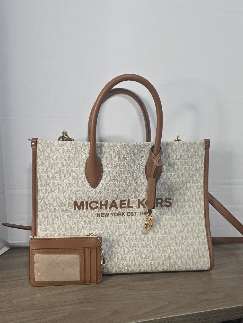 Michael Kors Beige Signature Tote with Brown Trim